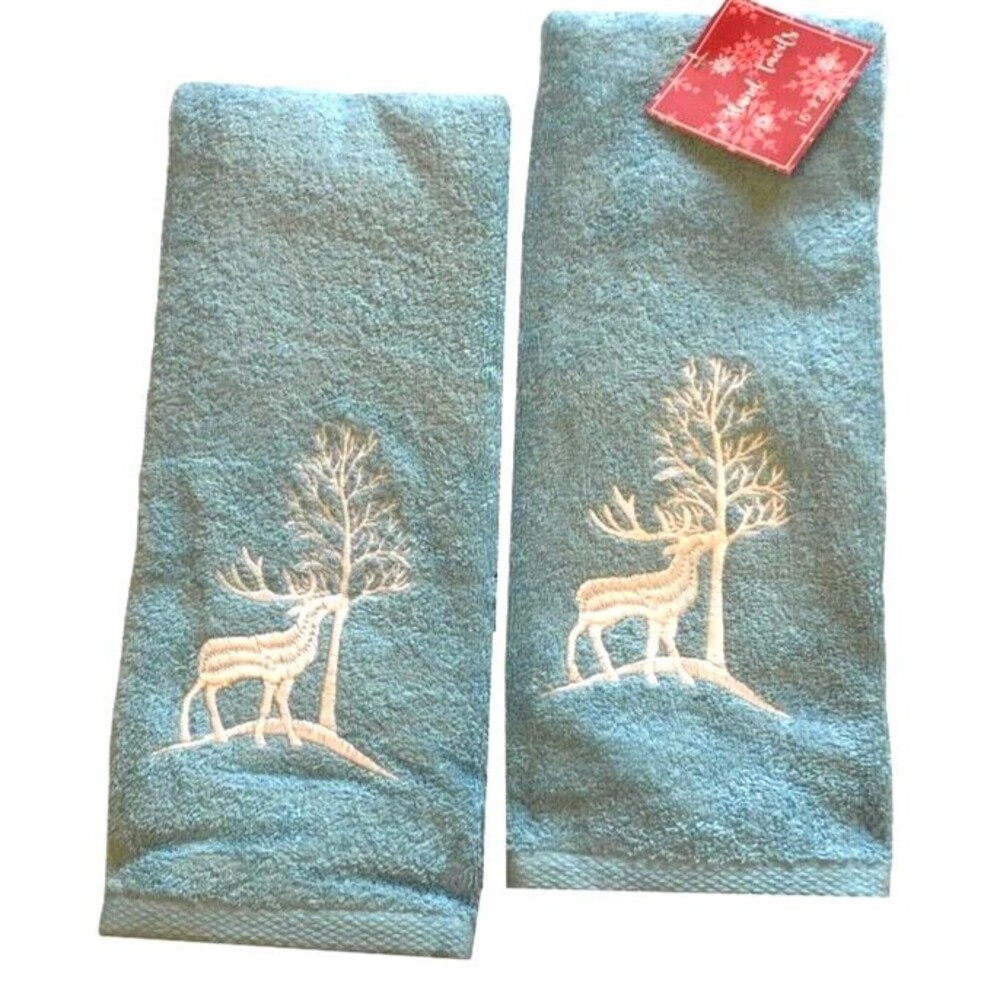 Christmas Tree Reindeer Hand Towels Holiday Embroidered Blue White Set of 2